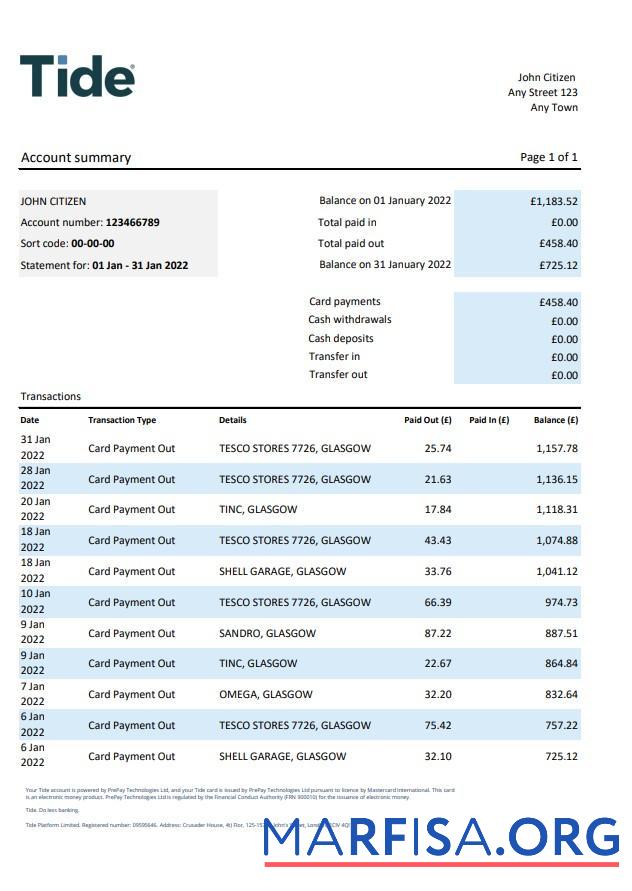 Realistic United Kingdom Tide bank statement excel download for verification